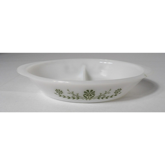 Vintage Glasbake White Green Daisy Flower Oval Divided Casserole Dish Qt - Picture 9 of 11